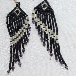 New, "Dangle" Black and Silver Beaded Fringe Earrings with crystals.